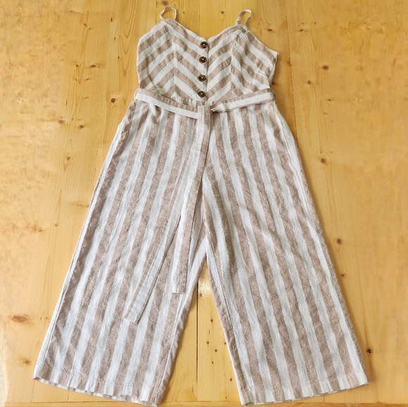 Kensie Pants - Kensie Jumpsuit Striped Cotton Linen Wide Leg Tan White Romper L